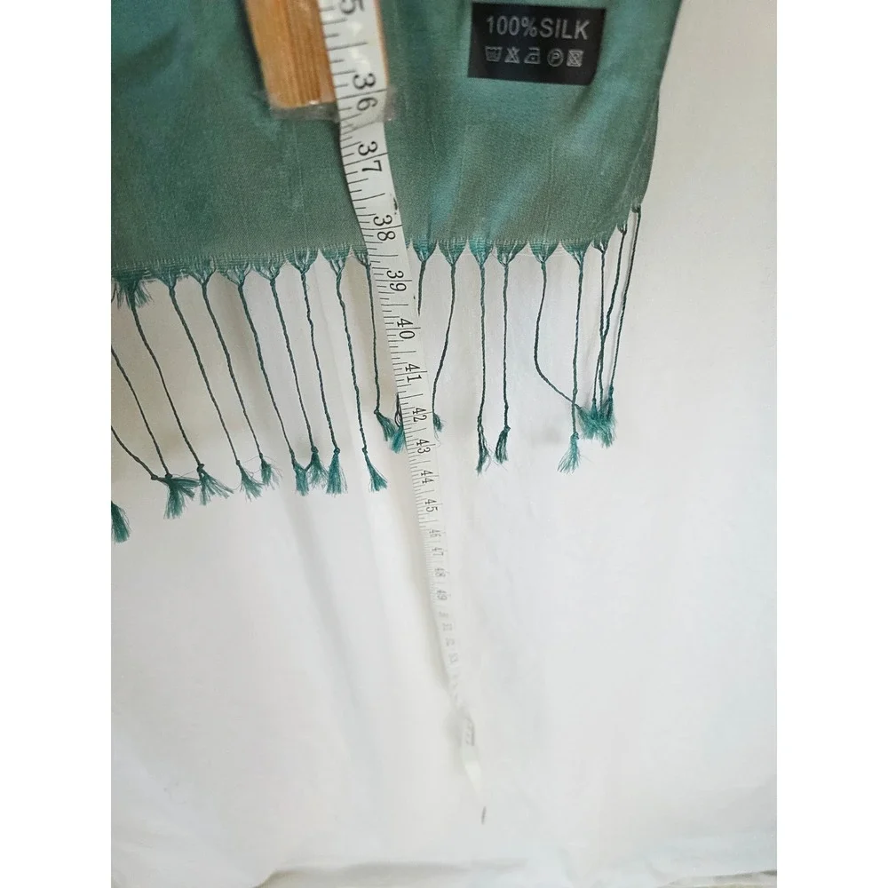 100% Silk Scarf Teal ecru Reversible Fringe Wrap Shawl 27x86